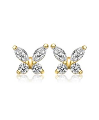 Sterling Silver 14k Gold Plated Colored Cubic Zirconia Flower Butterfly Stud Earrings