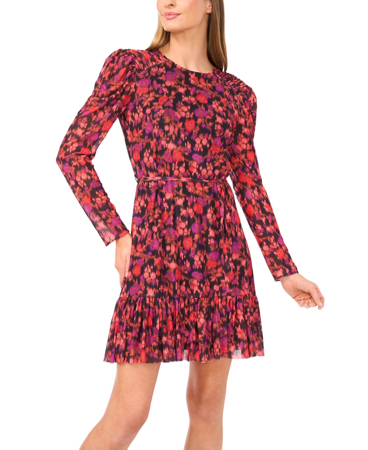 Cece Blurred Floral Long Sleeve Minidress In Multi