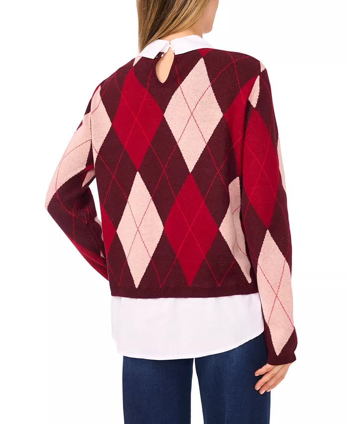 Women's Argyle Collared Long Sleeve Twofer Sweater - thumbnail 6
