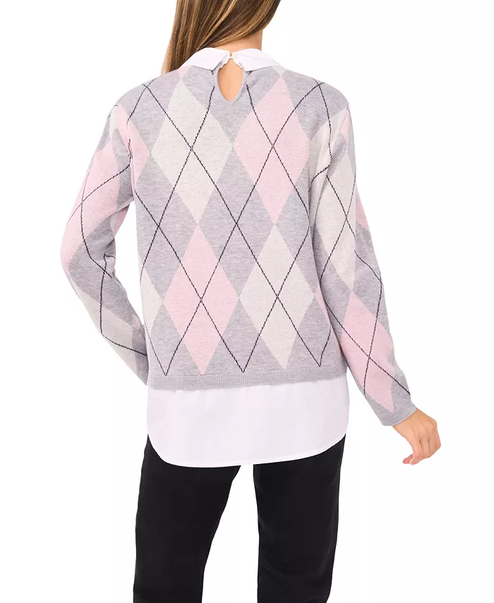 Women's Argyle Collared Long Sleeve Twofer Sweater - thumbnail 3
