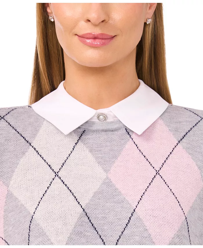 Women's Argyle Collared Long Sleeve Twofer Sweater - thumbnail 2