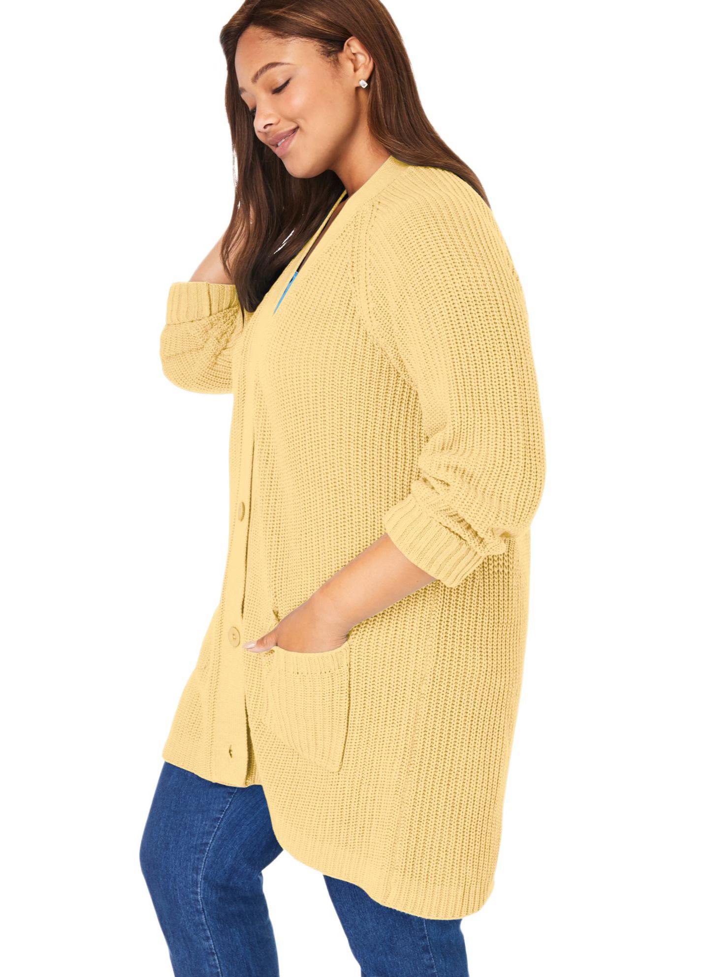 Женский кардиган Woman Within Plus Size Within Button-Front Shaker Cardigan, цвет: Banana — фото 3