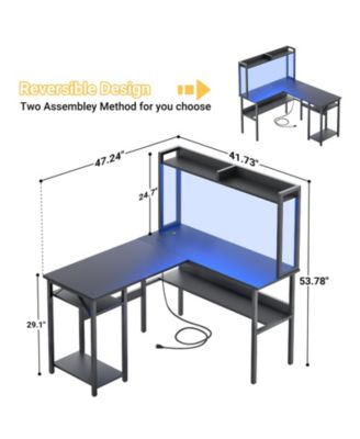 L Shaped Desk with Hutch, LED Lights, Reversible Corner Desk with Power Outlet