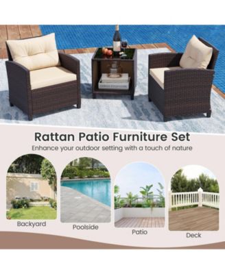 3-Piece Patio Furniture Set PE Rattan Conversation Set w/ Glass Coffee Table Outdoor