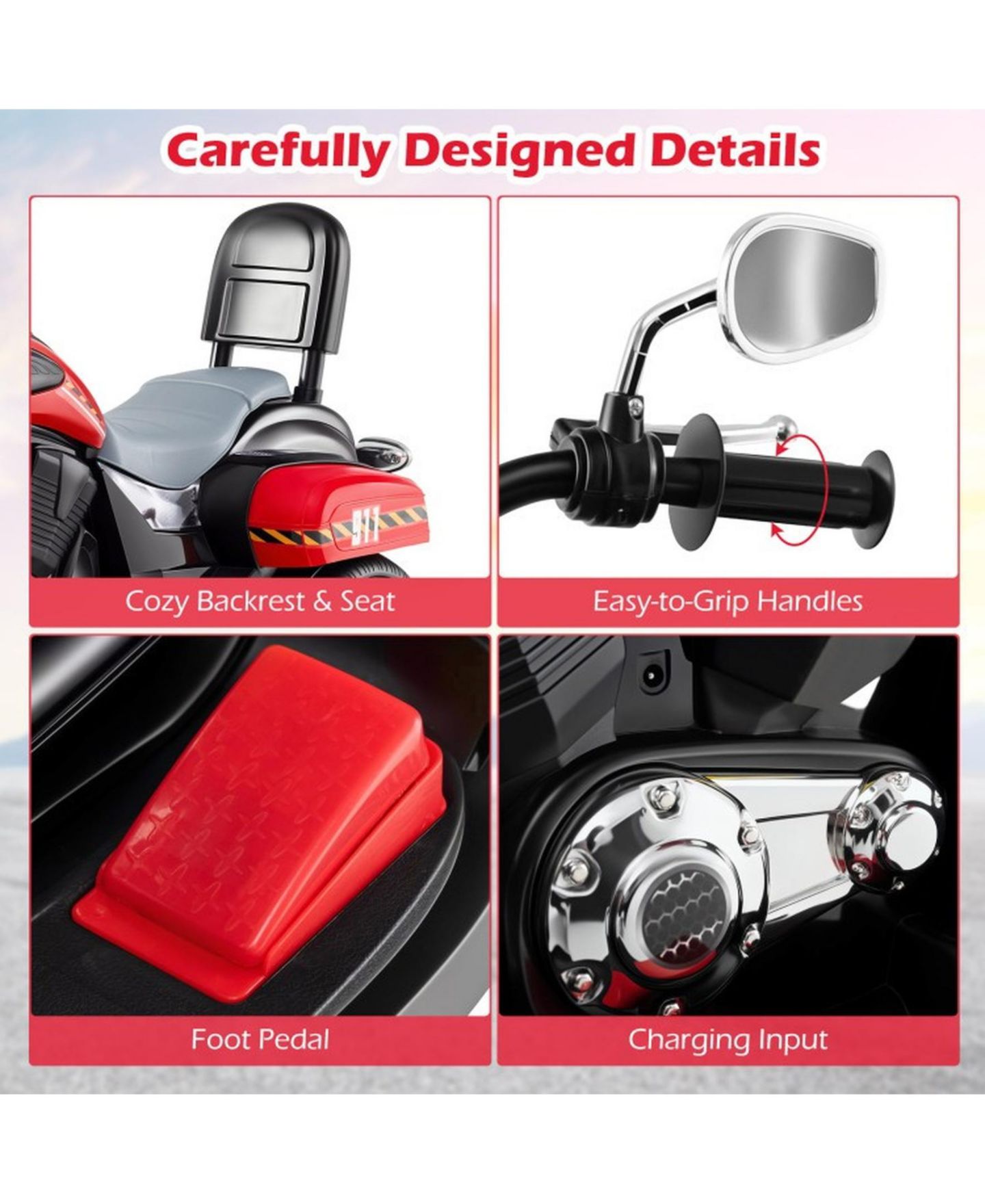 Детская игрушка SUGIFT Rechargeable 6V 3-Wheel Motorbike Ride-On Toy, 36"L x 19"W x 25"H, Ages 3+, цвет: Красный — фото 9