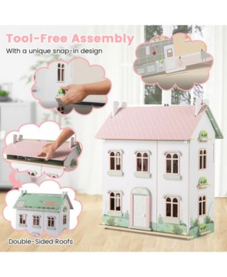 Kids Wooden Dollhouse 3 Level with Double-Sided Roofs and Doors