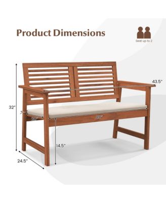 Outdoor Bench with Cushion 2-Person Patio Bench w/Slatted Back & Seat Garden Backyard Balcony