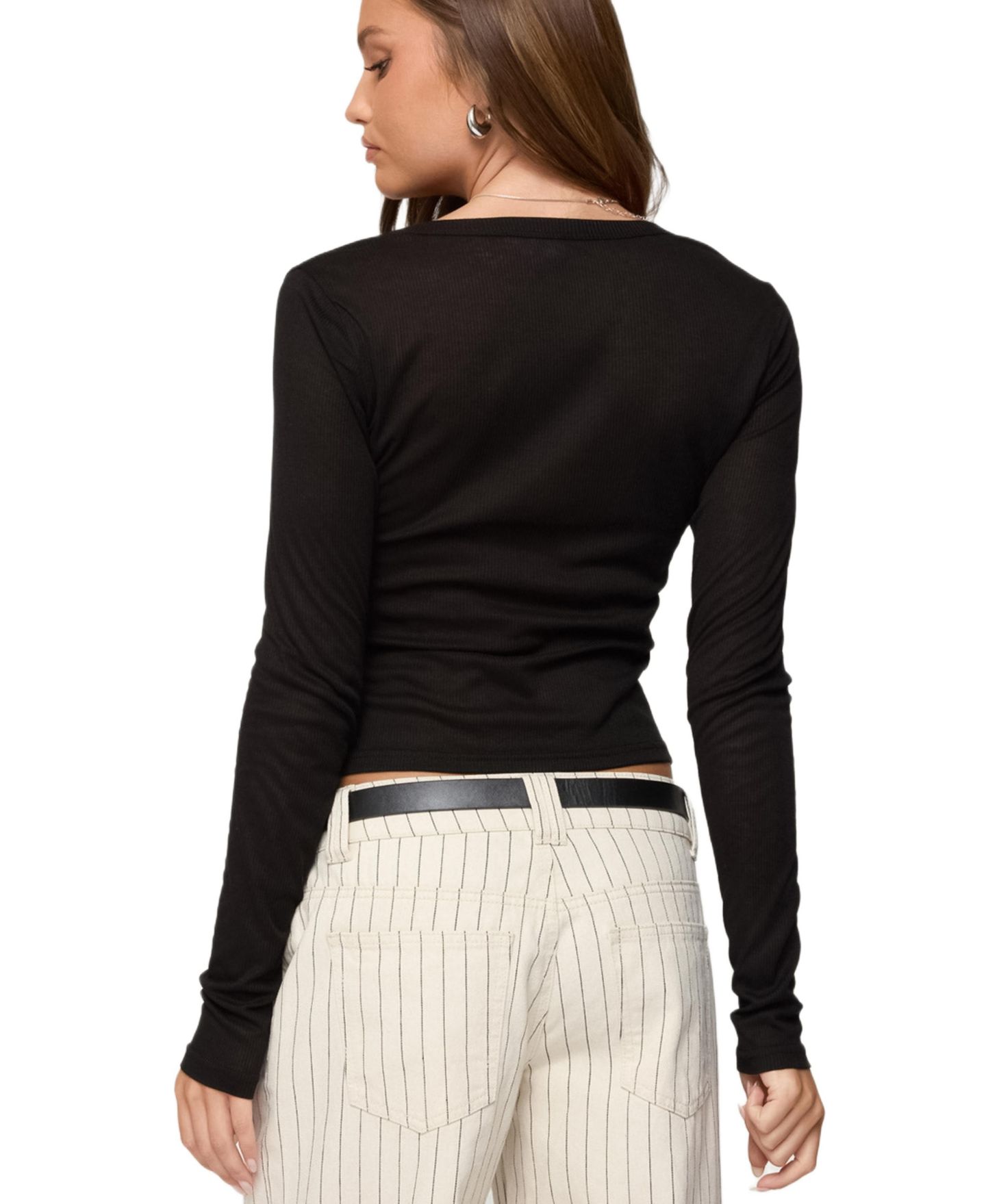 Женский топ Edikted Nettie Ribbed Henley, цвет: Чёрный — фото 2
