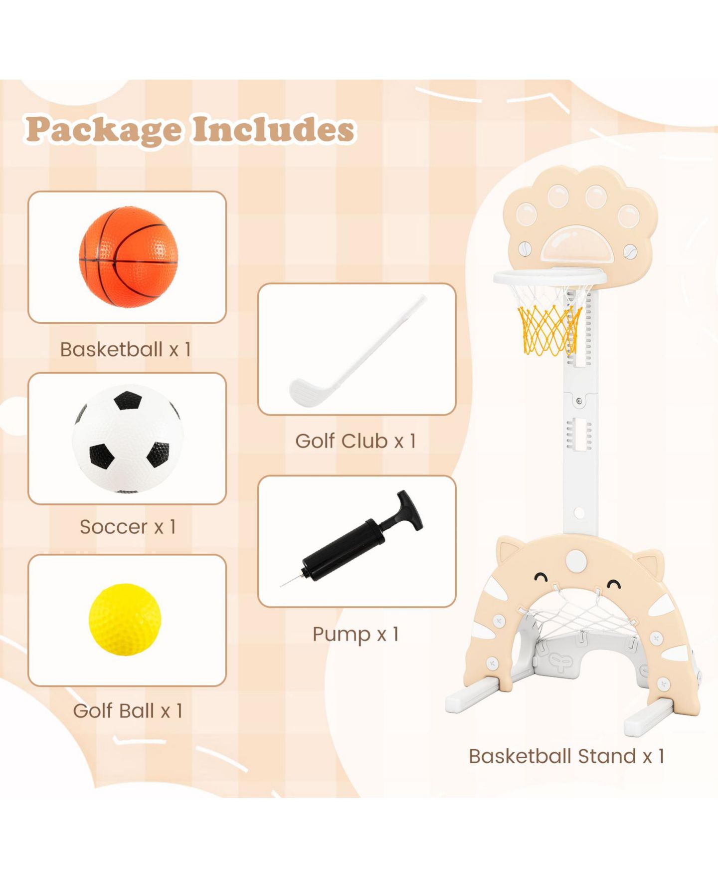 Детские игрушки SUGIFT 3 in 1 Kids Basketball Hoop Adjustable (25"-49") Foldable Sports Set, Ages 3+, цвет: Хаки — фото 2
