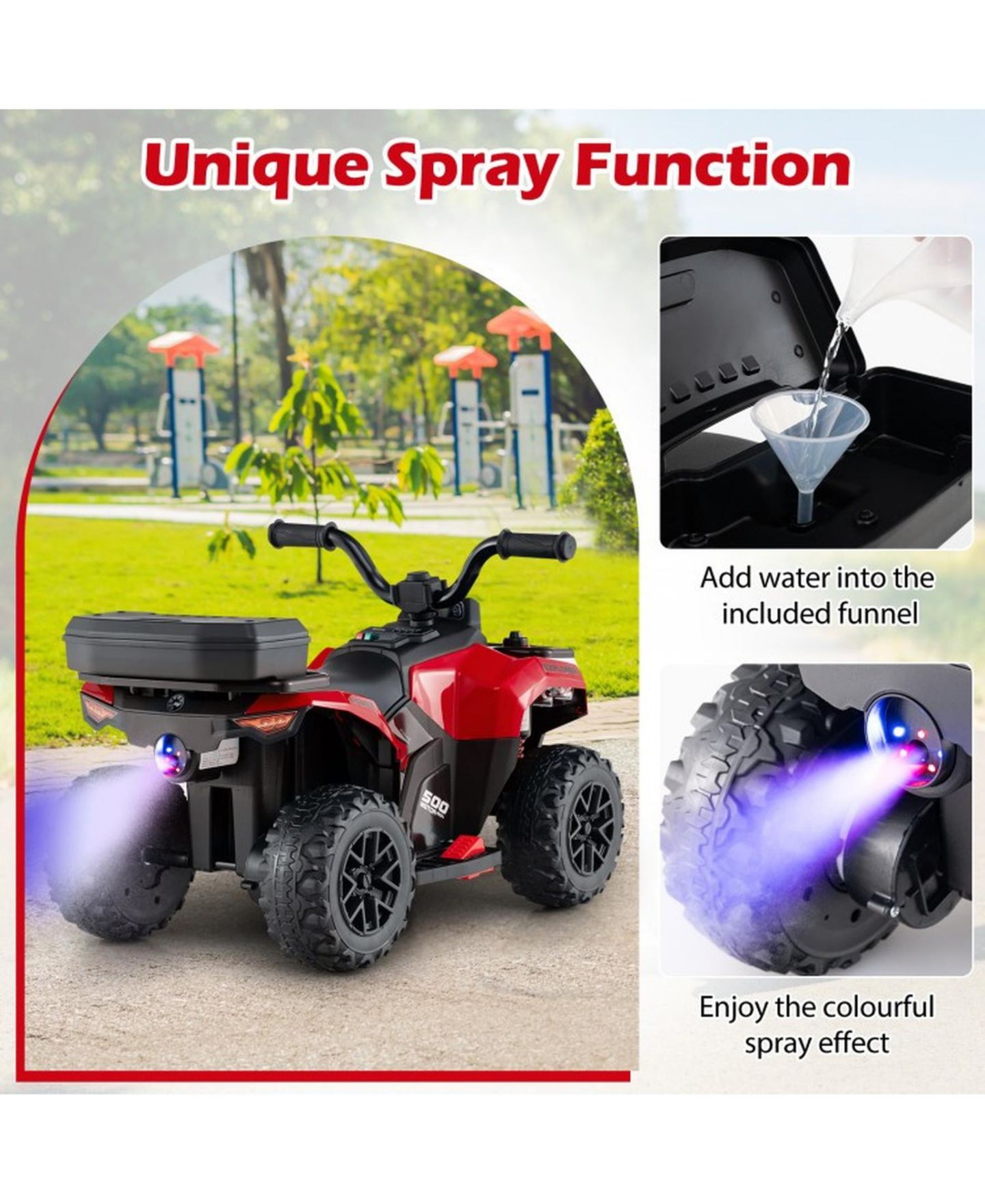 Детская игрушка SUGIFT 6V Kids Ride-On ATV with Spray Function and Music, 27"L x 16"W x 17"H, Ages 18+ Months, цвет: Красный — фото 6