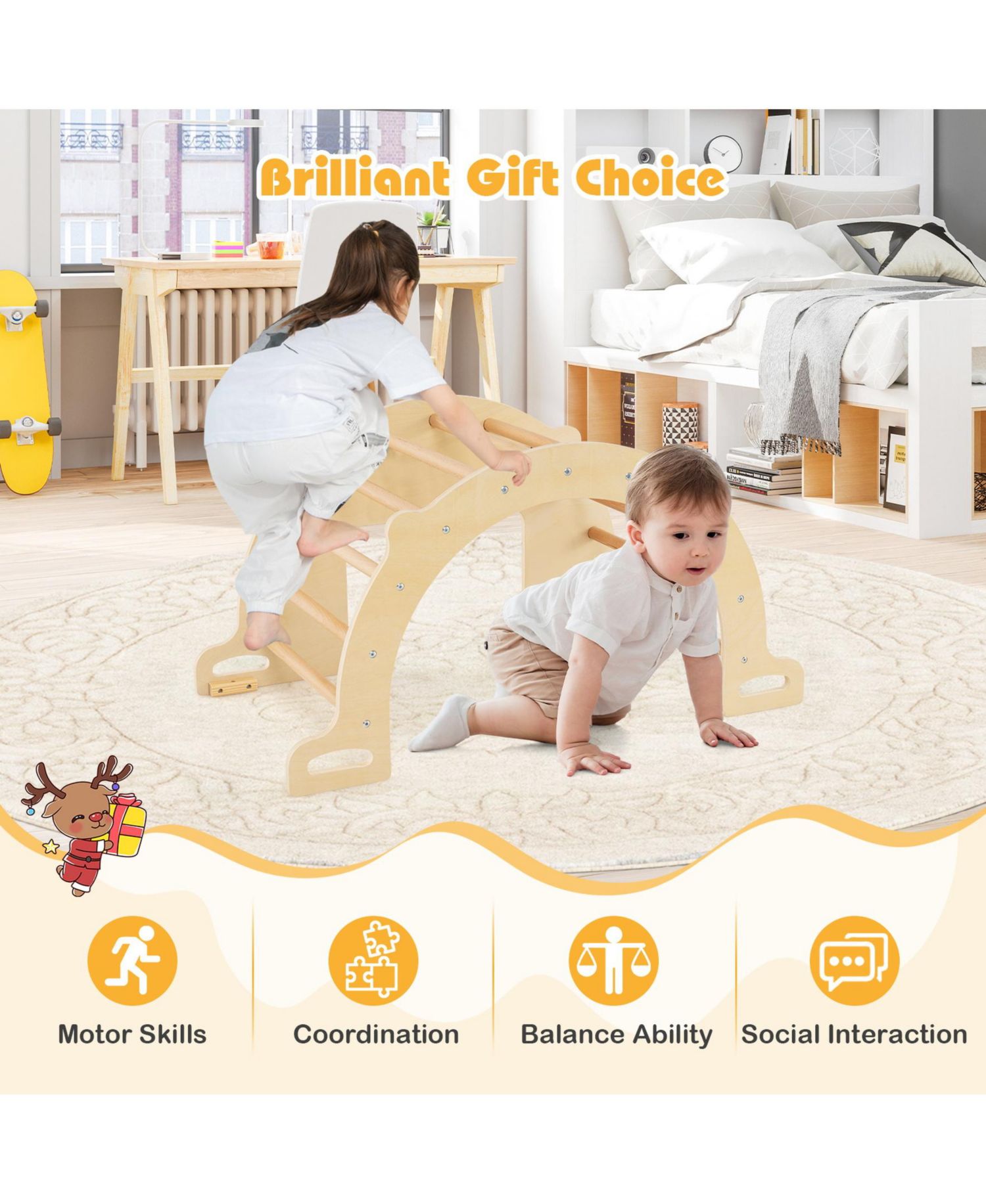 8-in-1 Wooden Climbing Arch Sensory Table and Collapsible Storage Bin, 2-Piece Set