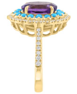 Diamond (1/3 ct. t.w.), Amethyst (2-1/2 ct .t.w.), and Turquoise Ring in 14k Yellow Gold
