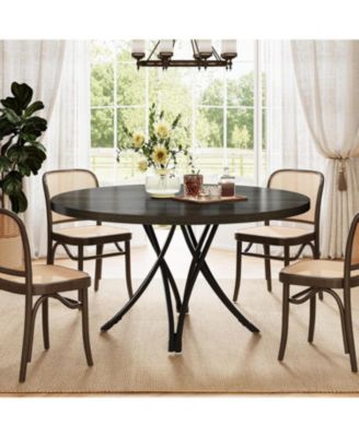 Black Dining Table for 4, 47-Inch Round Kitchen Table, Modern Wood Dining Room Table with Sturdy Cross Metal Legs for Kitchen Living Room