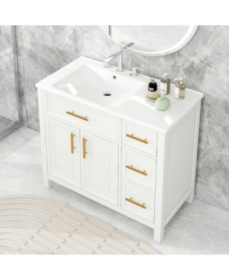 36" Solid Wood and MDF Bathroom Vanity with Sink Top, Cabinet Doors and Drawers