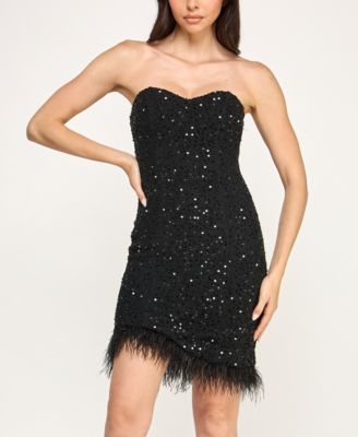Juniors' Sleeveless Sequin Mini Dress with Faux Feather Trim