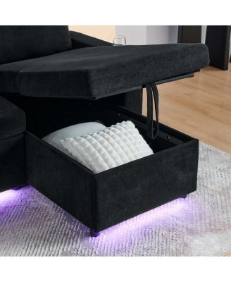 Maison Boucle Modern Chenille Upholstered Wood Pull-Out Sleeper with LED Lights, USB Ports & Cup Holders Sofa Bed