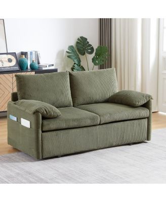 64.5 Inch 3-in-1 Corduroy Pull-Out Sleeper Sofa, Adjustable Loveseat Bed with Storage Pockets & 2 Pillows
