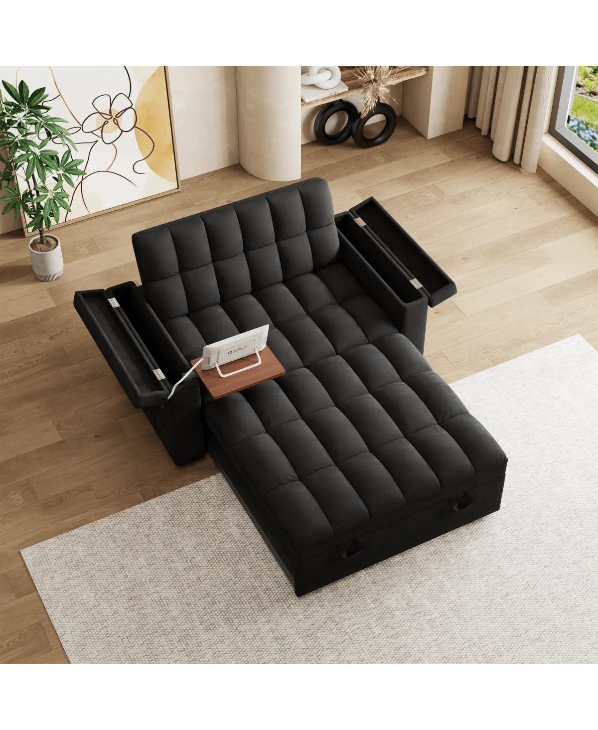 Maison Boucle 65" Pull-Out Sofa Bed with Desk & Usb, Velvet Convertible Sleeper Adjustable Backrest Storage for Small Apartments or Offices-Mai