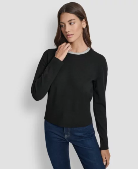 Petite Embellished Trim Sweater Top  - Black
