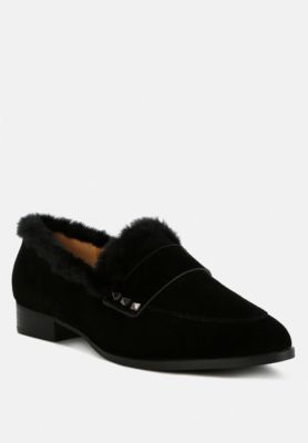 Rag and Co Womens Allie Fur Trim Suede Loafers