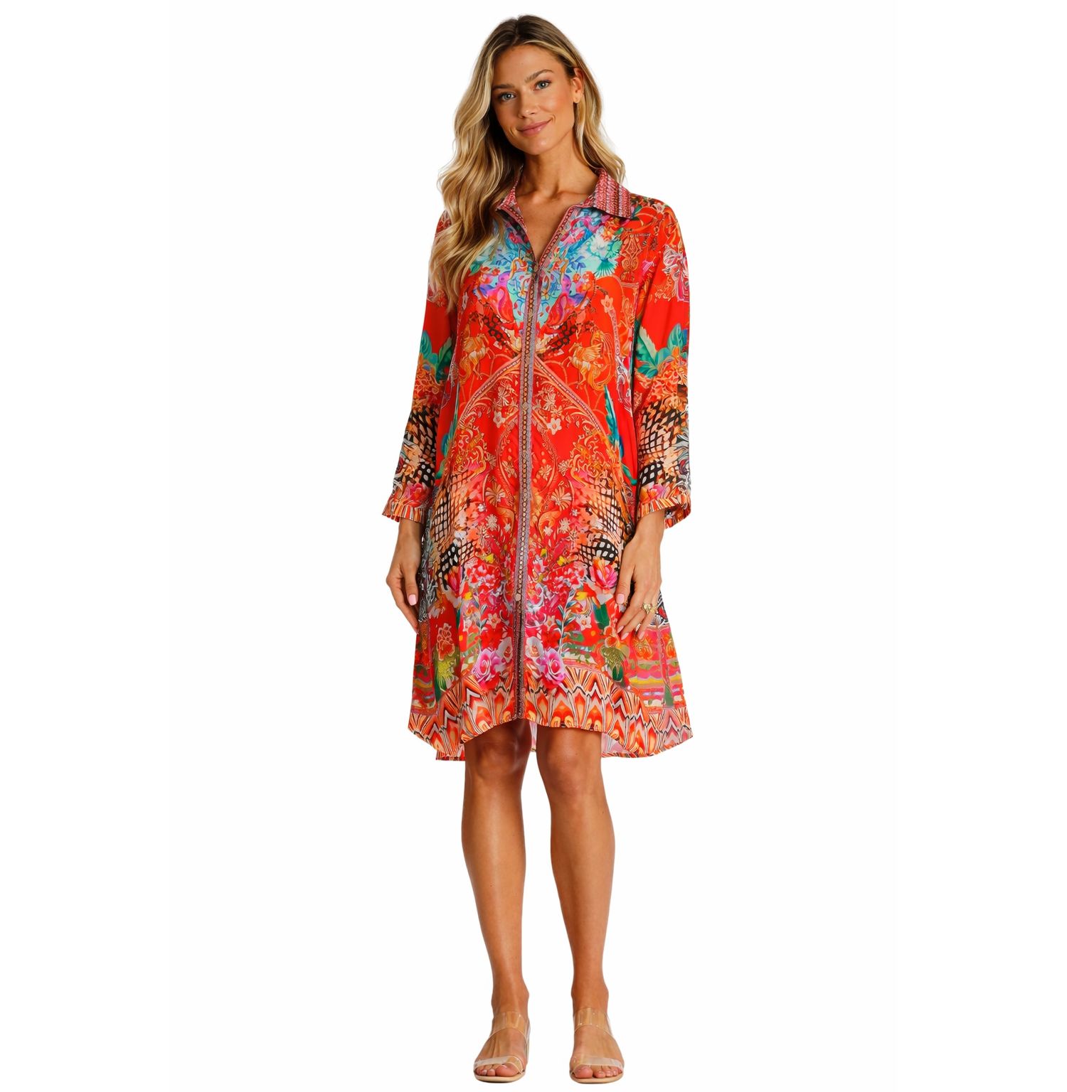 Women's Midi Summer Dress with Collared Neck, Short Sleeves, and Side Slits