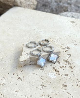 Gold CZ Halo Clover Huggie Earrings Set