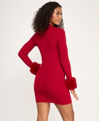 Juniors' Long Sleeve Mock Neck Slim Sweater Dress with Attached Fur Cuff