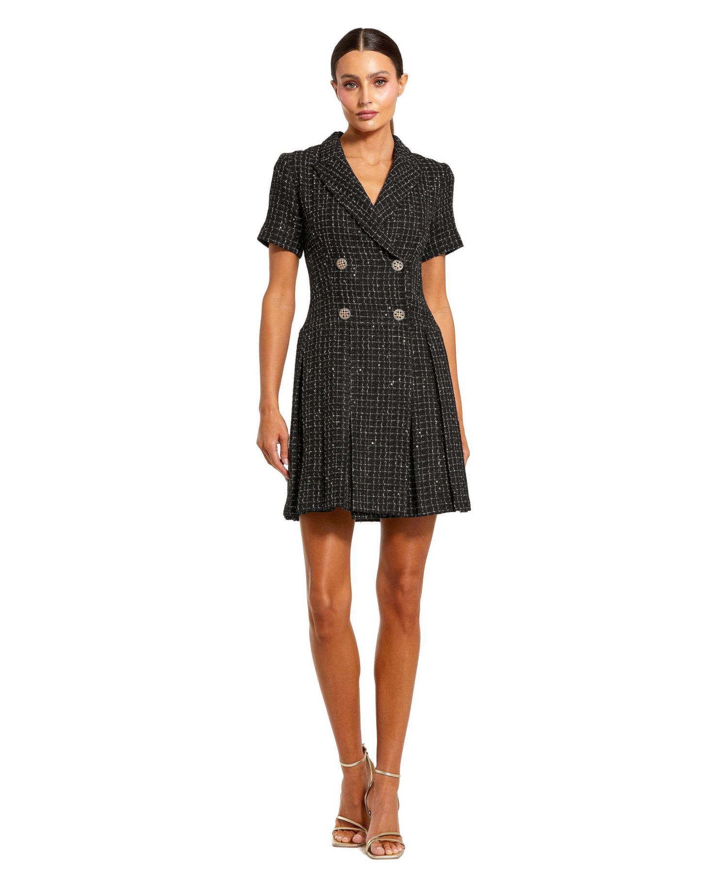Women's Short Sleeve V Neck Tweed Blazer Mini Dress