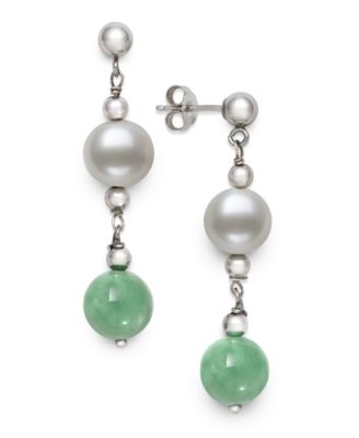 Macy's - Freshwater Pearl (7-8mm) and Dyed Green Jadeite (8mm) Drop Earrings in Sterling Silver
