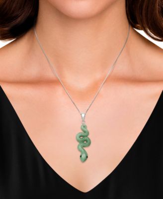Dyed Green Jadeite Snake and Black Agate Eyes Pendant Necklace in Sterling Silver