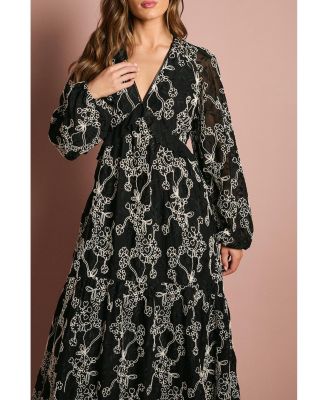 Women's Long Sleeve Broderie Floral Midaxi Dress