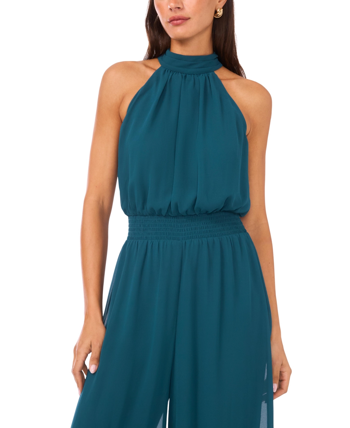 Vince Camuto Tie Neck Chiffon Overlay Wide Leg Jumpsuit In Green