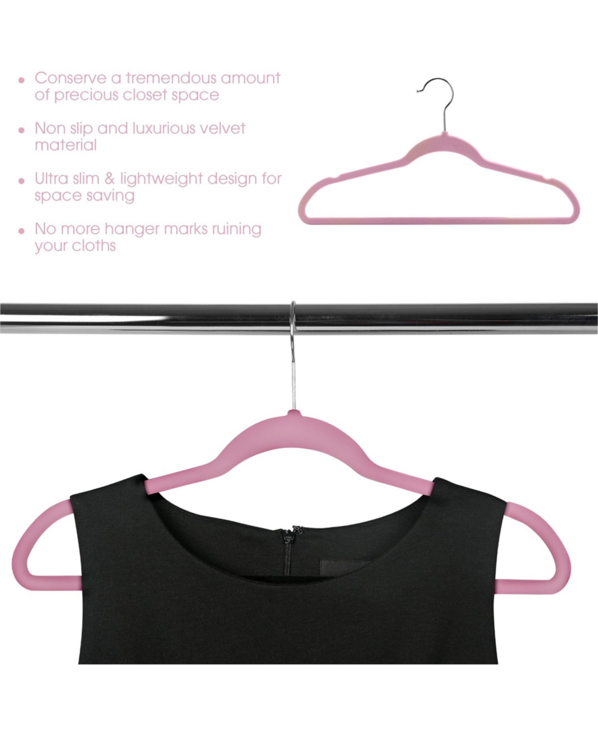 Elama Home 100 Piece Velvet Slim Profile Heavy Duty Felt Hangers with Stainless Steel Swivel Hooks in Pink