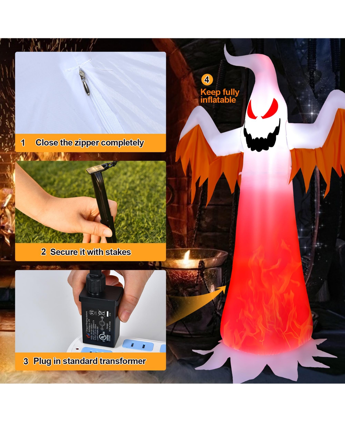 8 Ft Halloween Inflatable White Ghost with Rotatable Flame Led Lights