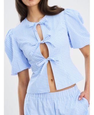 Women's Qusayla Baby Blue Gingham Bubble Sleeve Bowtie Top