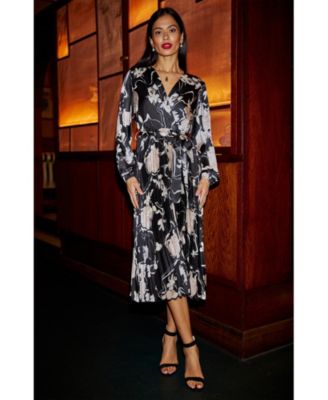 Women's Floral Satin Long Sleeve Midi Dress