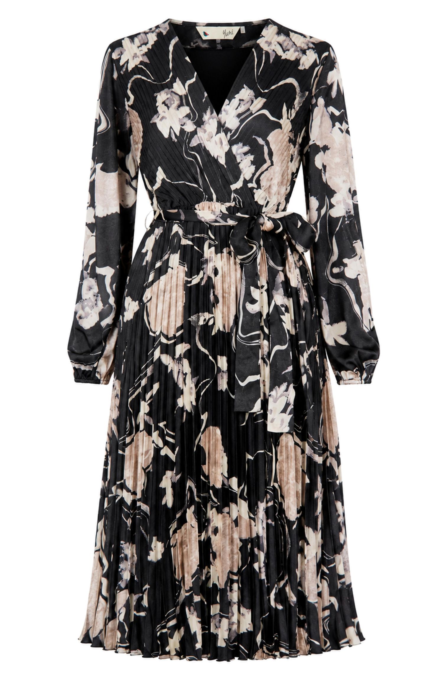 Women's Floral Satin Long Sleeve Midi Dress