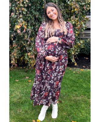 Maternity Brown Floral V-Neck Bubble Sleeve Maxi Dress