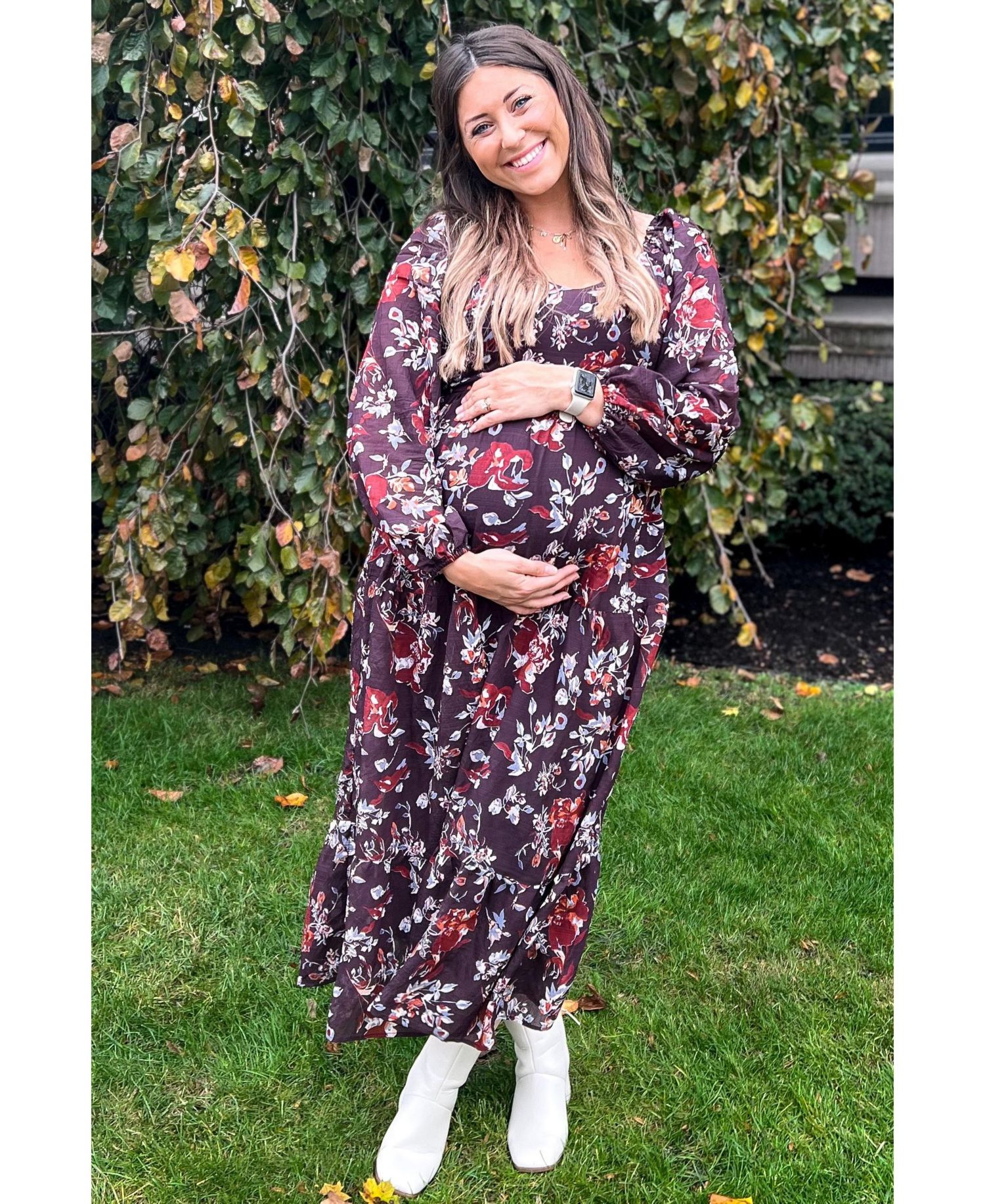 Women's Brown Floral V-Neck Bubble Sleeve Maxi Dress