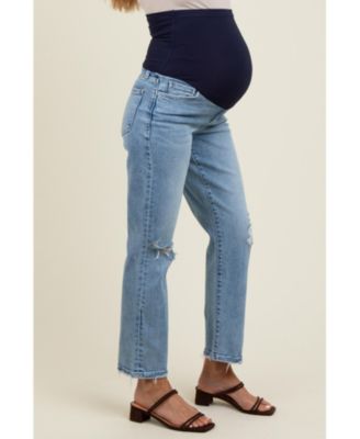 Light Blue Distressed Open Knee Ankle Straight Leg Maternity Jeans
