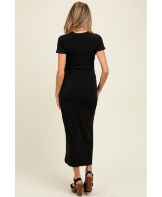 Maternity Black Gathered Front Short Sleeve Maxi Dress