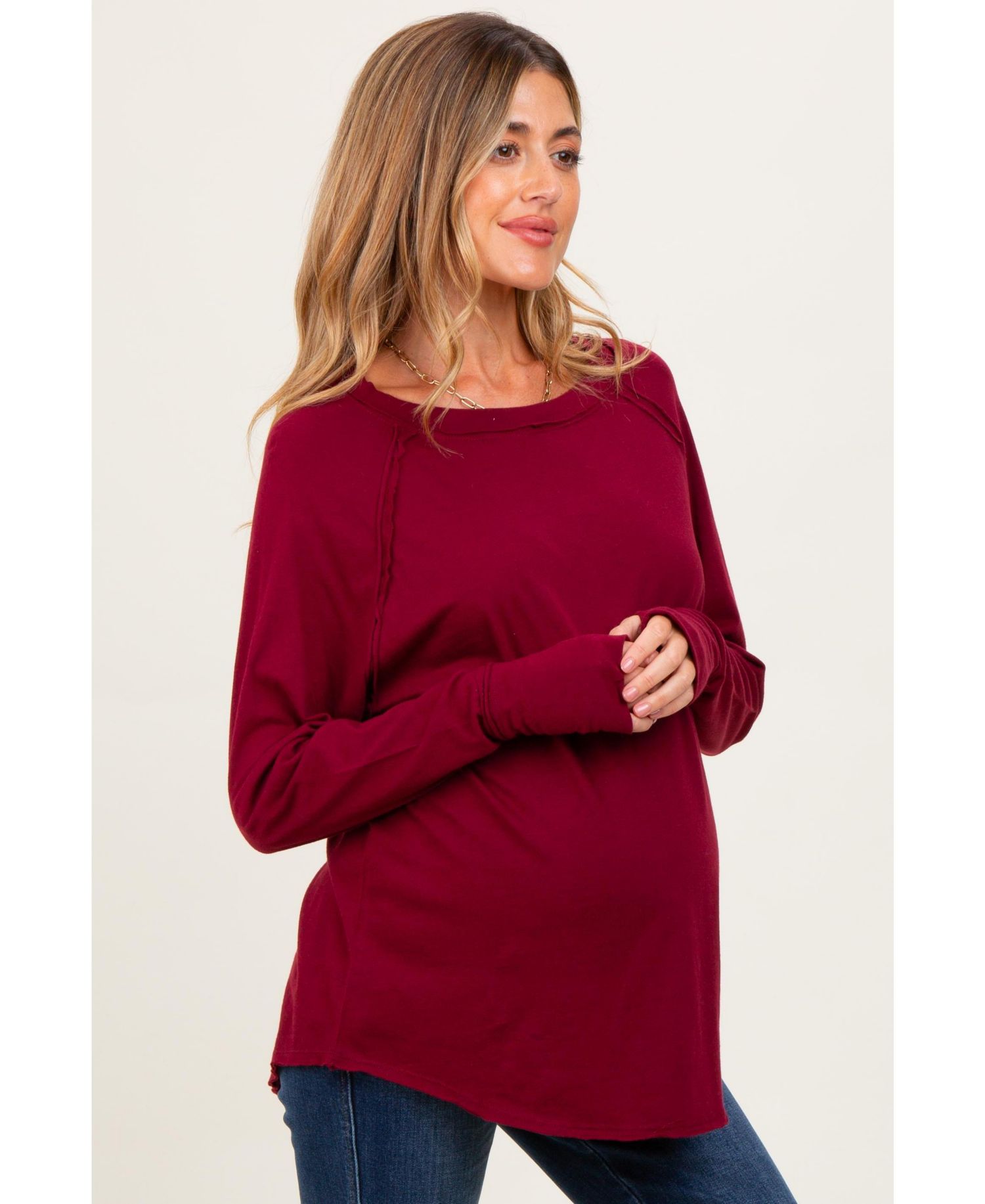 Women's Burgundy Exposed Seam Long Sleeve Top