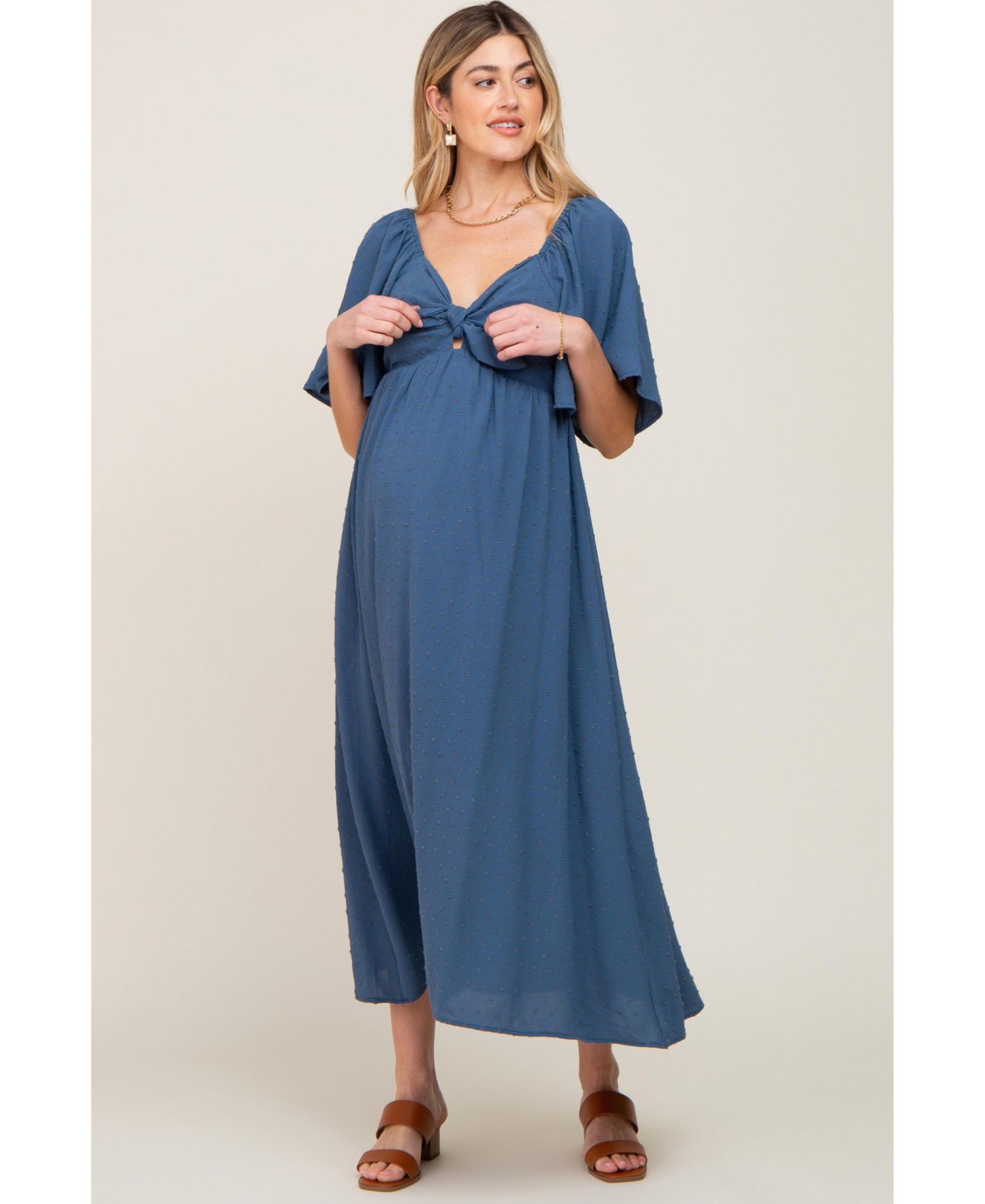 Women's Navy Blue Textured Dot Front Tie Ruffle Sleeve Midi Dress