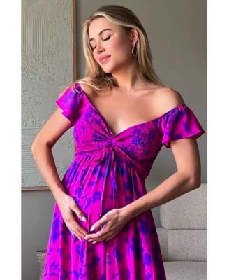 Maternity Red Floral Smocked Cinched Top Maxi Dress