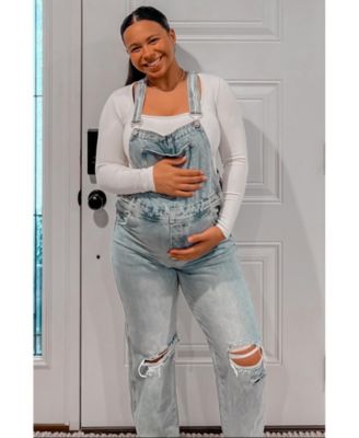 Maternity Light Wash Distressed Overalls