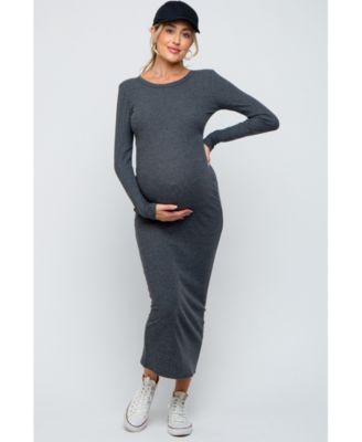 Maternity Charcoal Ribbed Fitted Long Sleeve Midi Dress