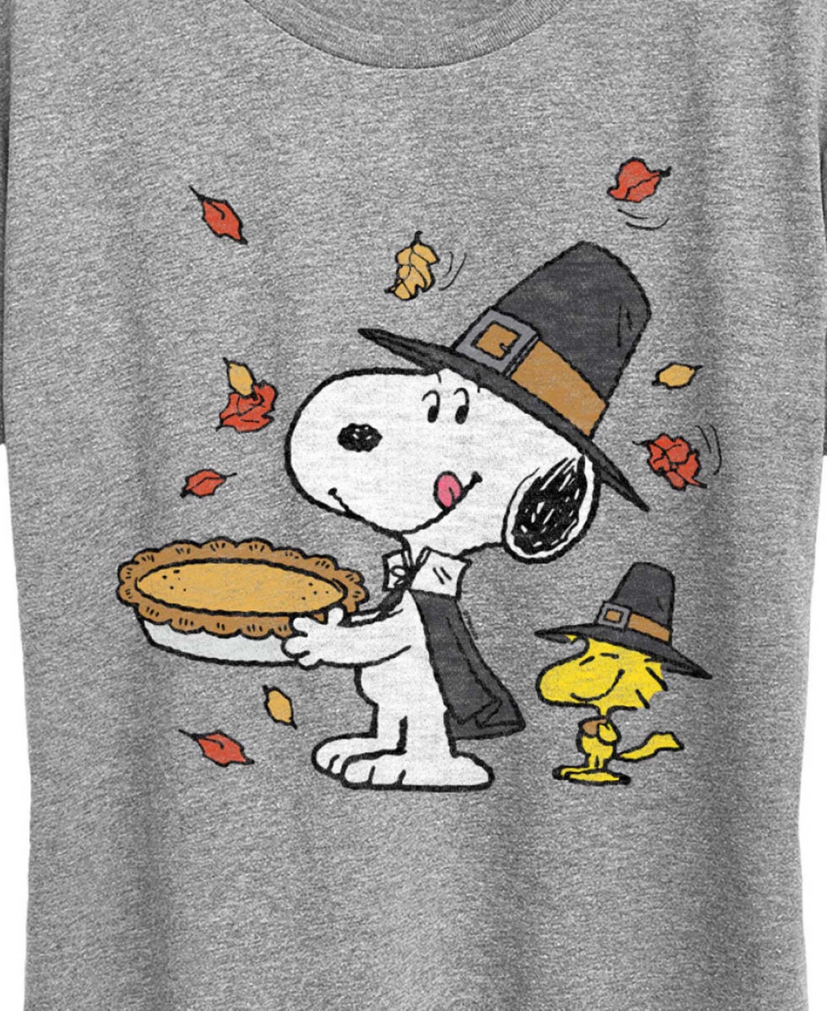 Hybrid Apparel Thanksgiving Pie Snoopy And Woodstock Women's Short Sleeve Graphic T-shirts In Gray