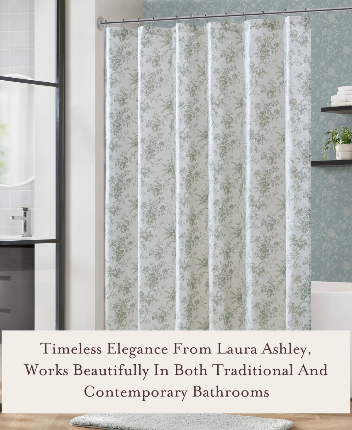 Laura Ashley Walled Garden Tonal Floral Shower Curtain, 72" X 84" In Green