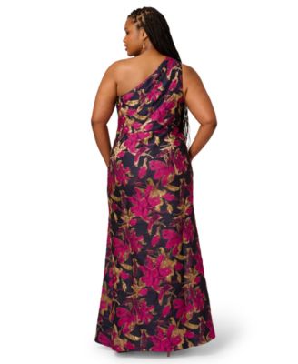 Plus Size Metallic Jacquard One-Shoulder Long Dress