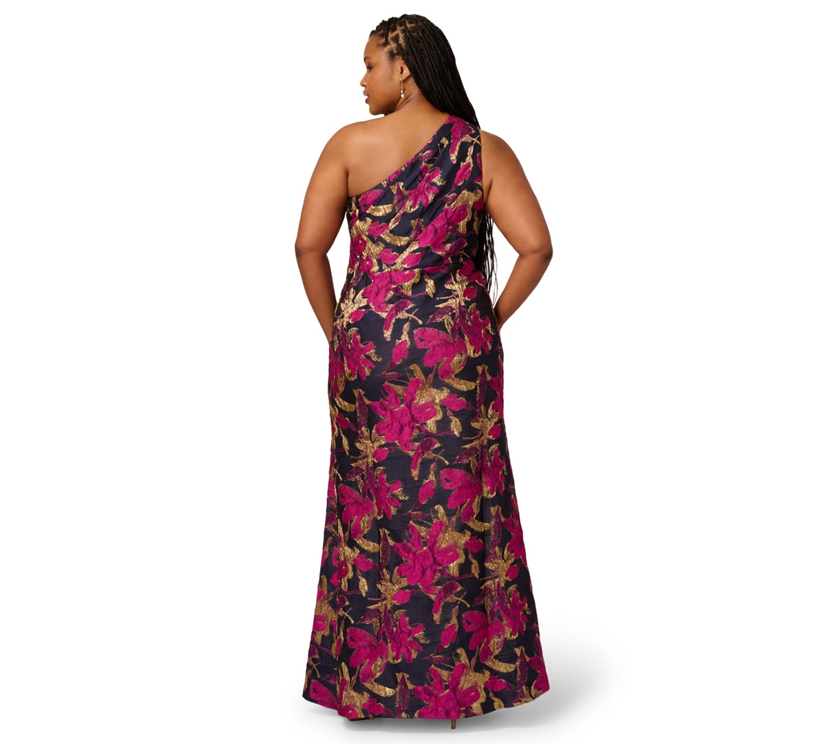 Adrianna Papell Plus Metallic Jacquard One-Shoulder Long Dress
